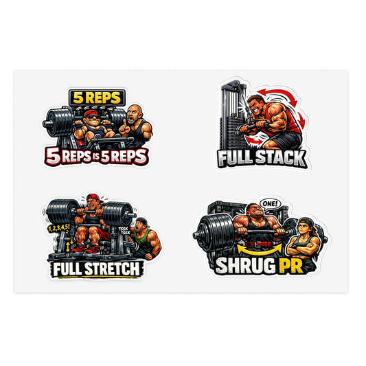 Ego Lifters Sticker Sheet #2 By Swoly Ghost— Weightlifting Quotes: “5 REPS is 5 REPS”, “FULL STACK”, “FULL STRETCH”, “SHRUG PR”