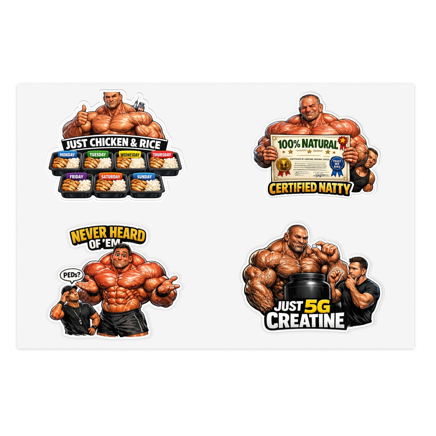 Fake Natties Sticker Sheet By Swoly Ghost— Funny Gym Muscle Memes ('Just Chicken & Rice', 'Certified Natty', 'Just 5G Creatine')