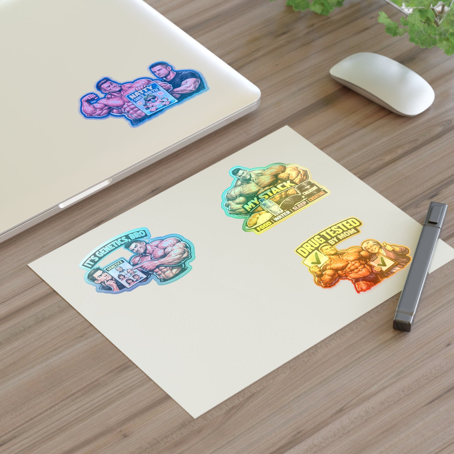 Fake Natties Sticker Sheet #2 By Swoly Ghost — 'It's Genetics, Bro' & 'Drug Tested by Mom' Gym Decals