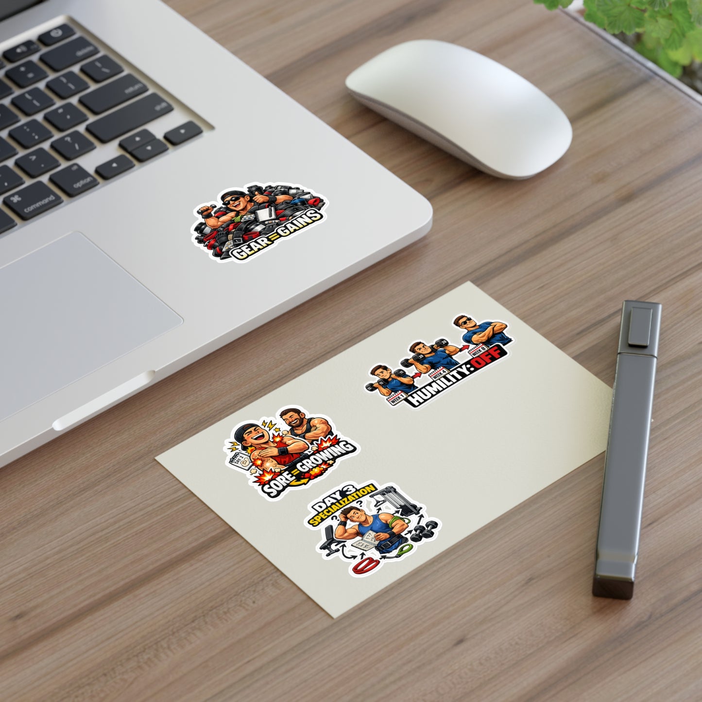 Beginner Gains & Newbie Energy Sticker Sheet #1 By Swoly Ghost — 'Sore = Growing', 'Humility: OFF', 'Day 3 Specialization', 'Gear = Gains'