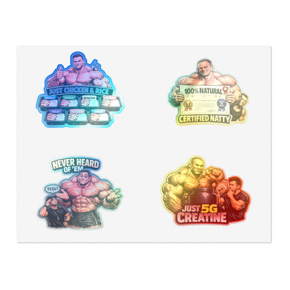 Fake Natties Sticker Sheet By Swoly Ghost— Funny Gym Muscle Memes ('Just Chicken & Rice', 'Certified Natty', 'Just 5G Creatine')