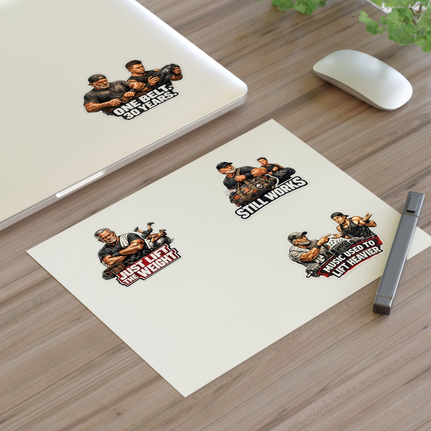 Gym Veterans Sticker Sheet #2 By Swoly Ghost — "Just Lift the Weight", "Still Works", "One Belt: 30 Years", "Music Used to Lift Heavier"