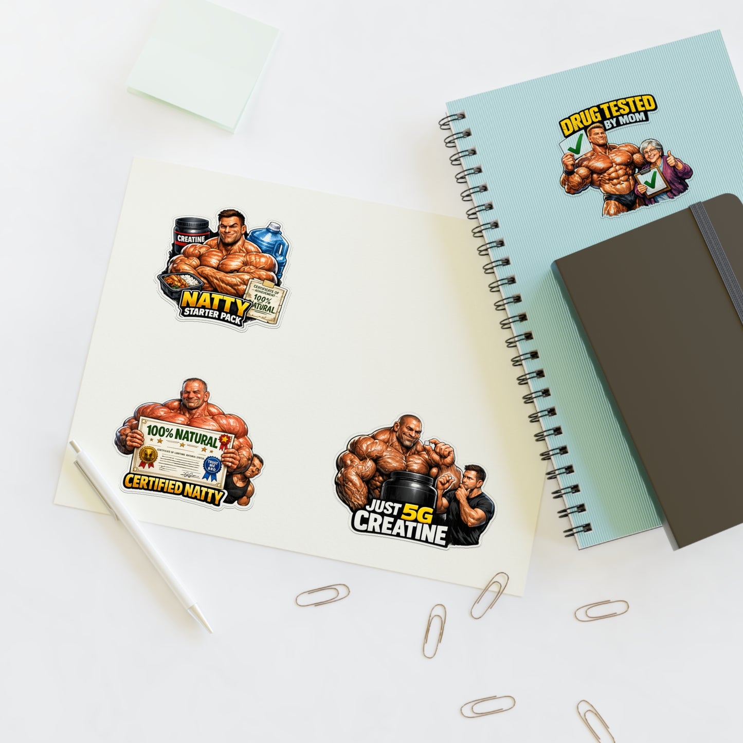 Fake Natties Sticker Sheet By Swoly Ghost — '100% Natural' & 'Just 5G Creatine' Gym Humor Stickers