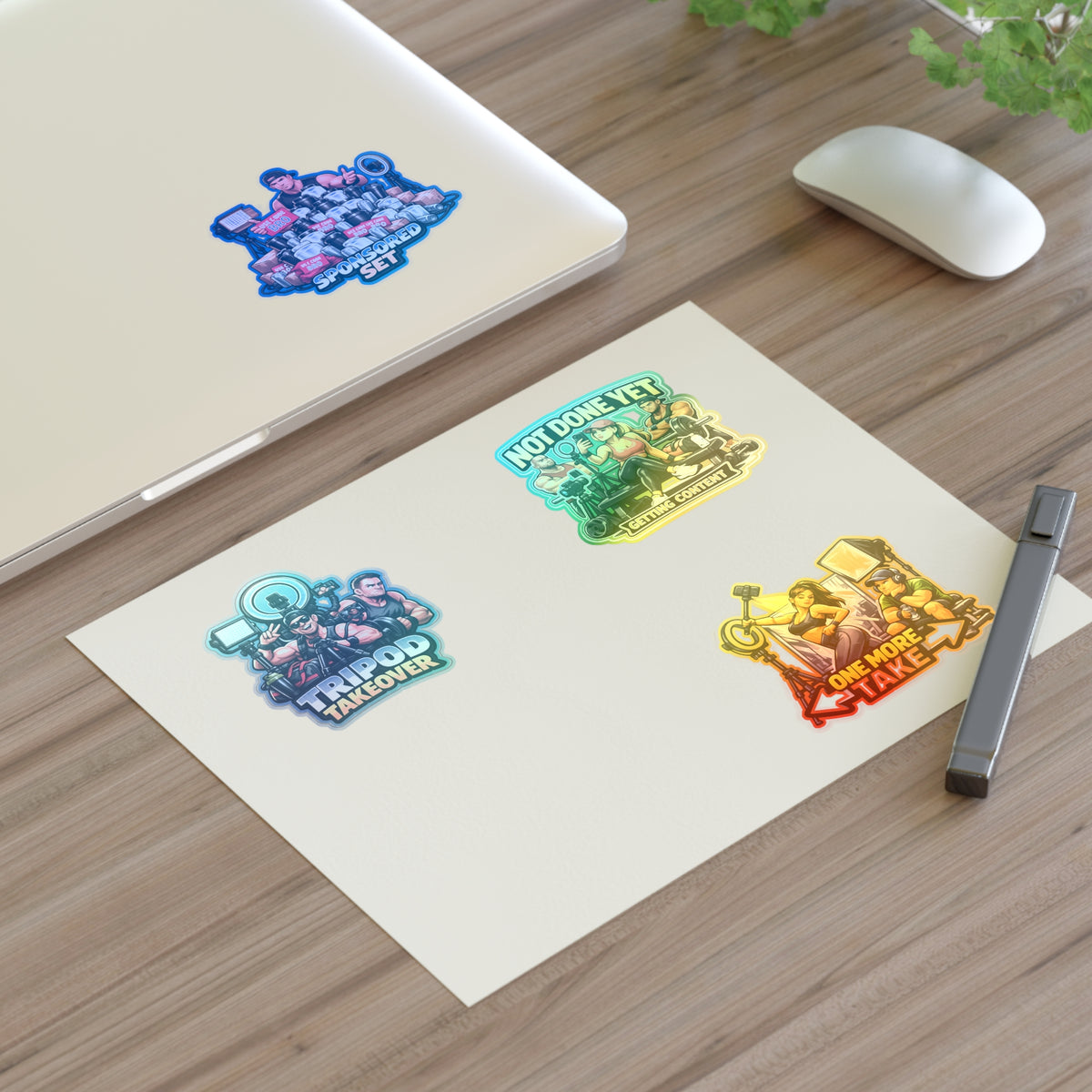 Influencer Energy Sticker Sheet #1 — 'Tripod Takeover', 'Not Done Yet', 'Sponsored Set', 'One More Take'