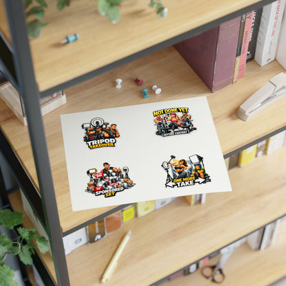 Influencer Energy Sticker Sheet #1 — 'Tripod Takeover', 'Not Done Yet', 'Sponsored Set', 'One More Take'
