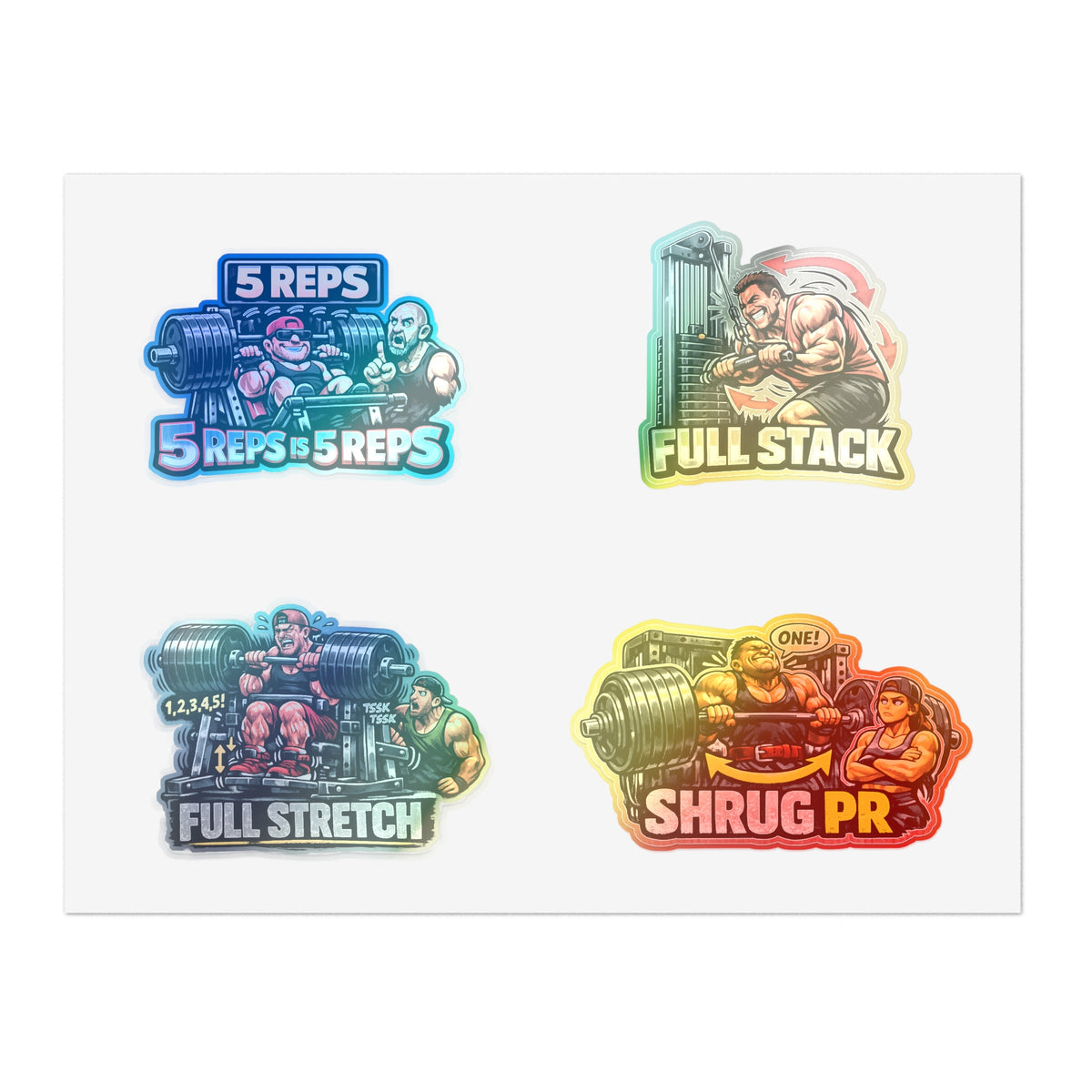 Ego Lifters Sticker Sheet #2 By Swoly Ghost— Weightlifting Quotes: “5 REPS is 5 REPS”, “FULL STACK”, “FULL STRETCH”, “SHRUG PR”