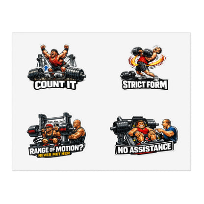 Ego Lifters Sticker Sheet #1 By Swoly Ghost — 'Count It', 'Strict Form', 'Range of Motion? Never Met Her', 'No Assistance'