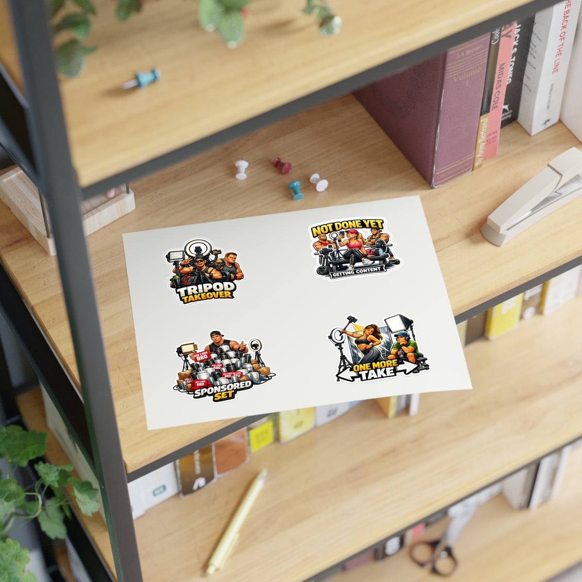 Influencer Energy Sticker Sheet #1 — 'Tripod Takeover', 'Not Done Yet', 'Sponsored Set', 'One More Take'