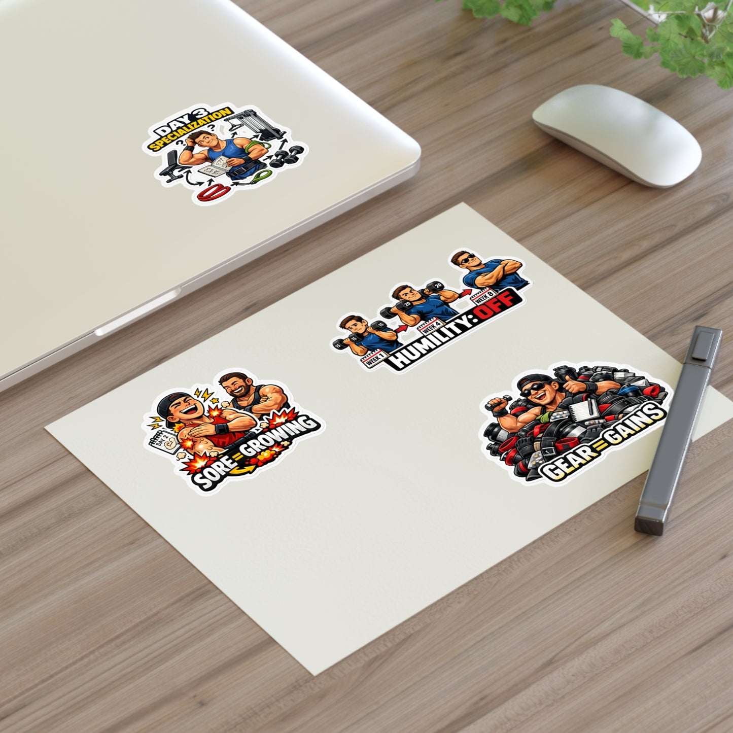 Beginner Gains & Newbie Energy Sticker Sheet #1 By Swoly Ghost — 'Sore = Growing', 'Humility: OFF', 'Day 3 Specialization', 'Gear = Gains'