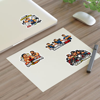 Beginner Gains & Newbie Energy Sticker Sheet #1 By Swoly Ghost — 'Sore = Growing', 'Humility: OFF', 'Day 3 Specialization', 'Gear = Gains'