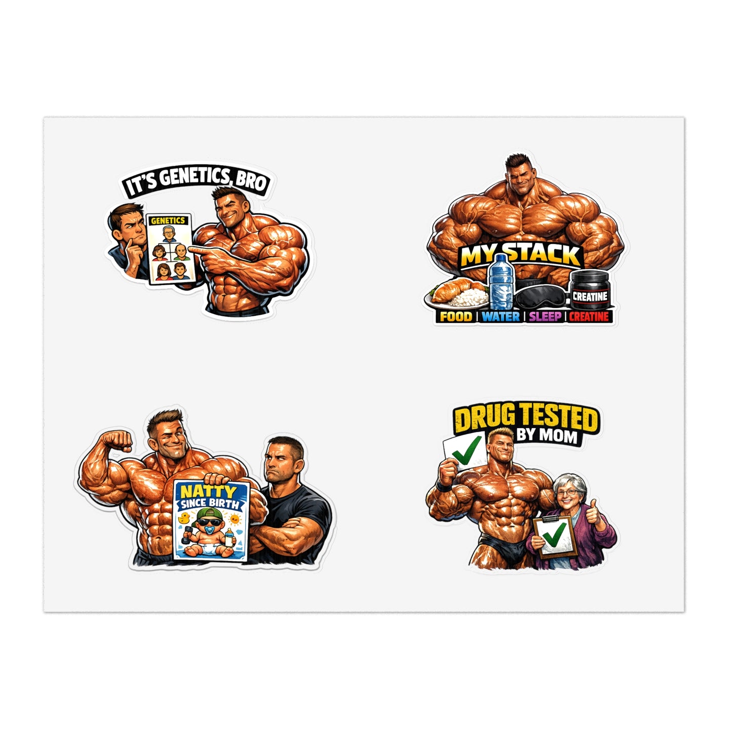 Fake Natties Sticker Sheet #2 By Swoly Ghost — 'It's Genetics, Bro' & 'Drug Tested by Mom' Gym Decals