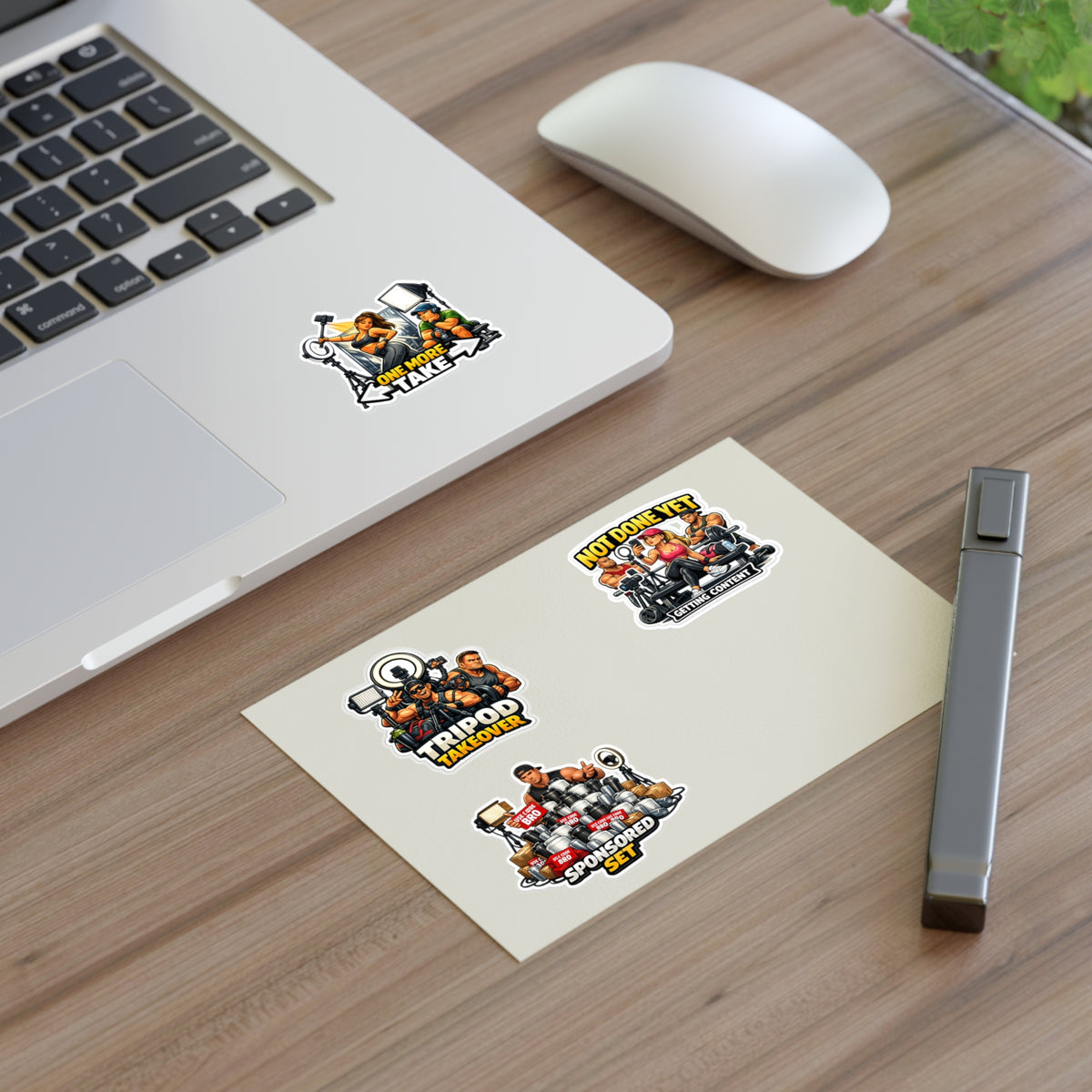 Influencer Energy Sticker Sheet #1 — 'Tripod Takeover', 'Not Done Yet', 'Sponsored Set', 'One More Take'