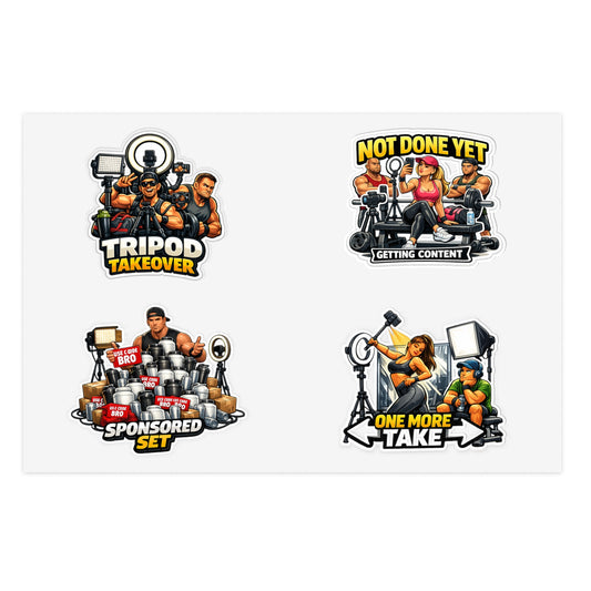 Influencer Energy Sticker Sheet #1 — 'Tripod Takeover', 'Not Done Yet', 'Sponsored Set', 'One More Take'