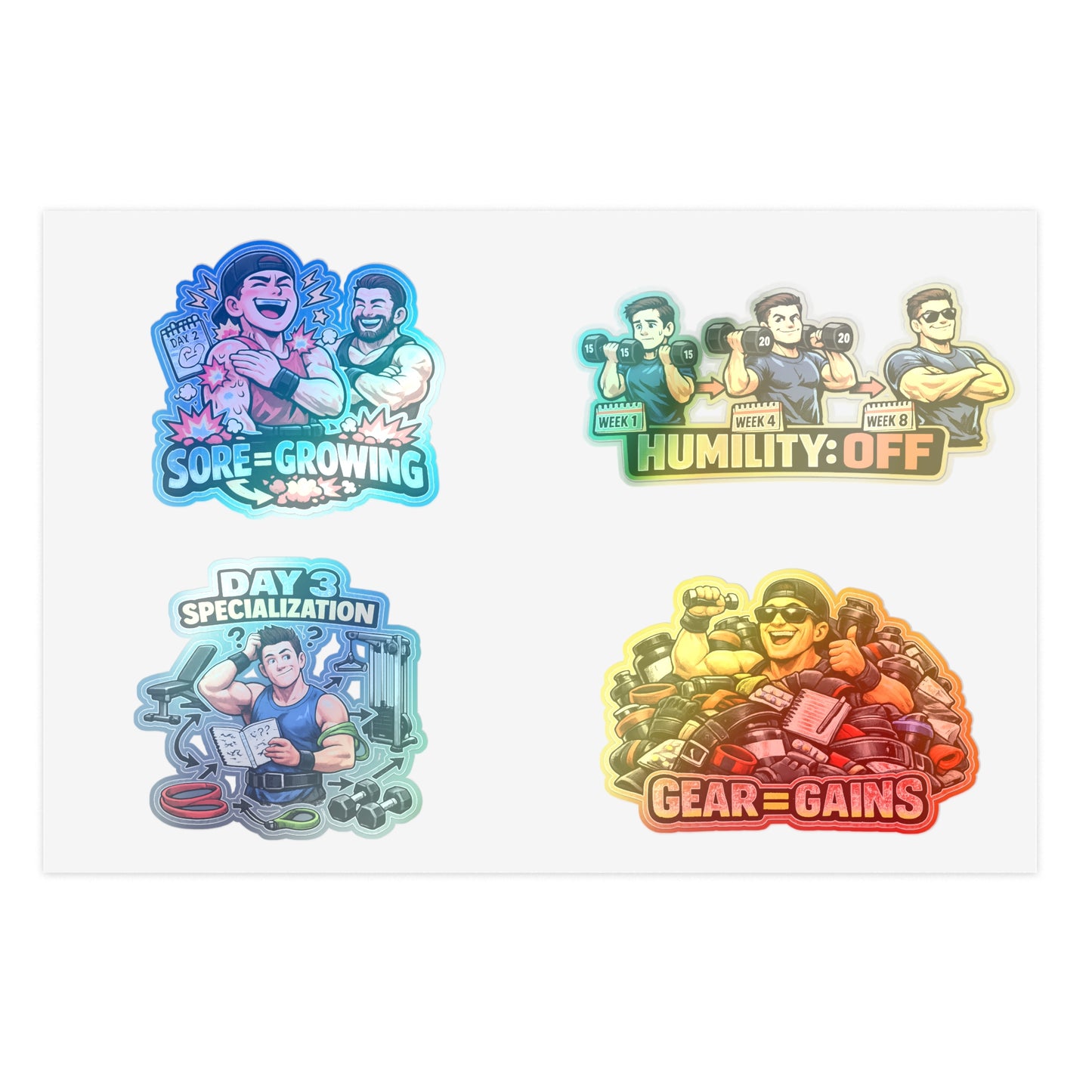 Beginner Gains & Newbie Energy Sticker Sheet #1 By Swoly Ghost — 'Sore = Growing', 'Humility: OFF', 'Day 3 Specialization', 'Gear = Gains'