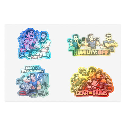Beginner Gains & Newbie Energy Sticker Sheet #1 By Swoly Ghost — 'Sore = Growing', 'Humility: OFF', 'Day 3 Specialization', 'Gear = Gains'
