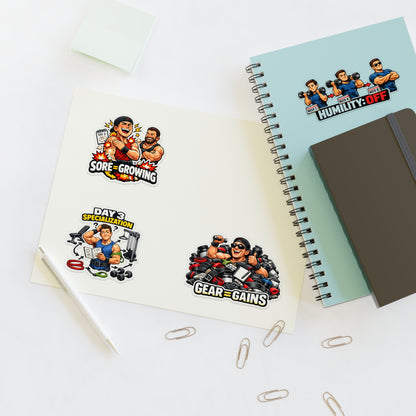 Beginner Gains & Newbie Energy Sticker Sheet #1 By Swoly Ghost — 'Sore = Growing', 'Humility: OFF', 'Day 3 Specialization', 'Gear = Gains'