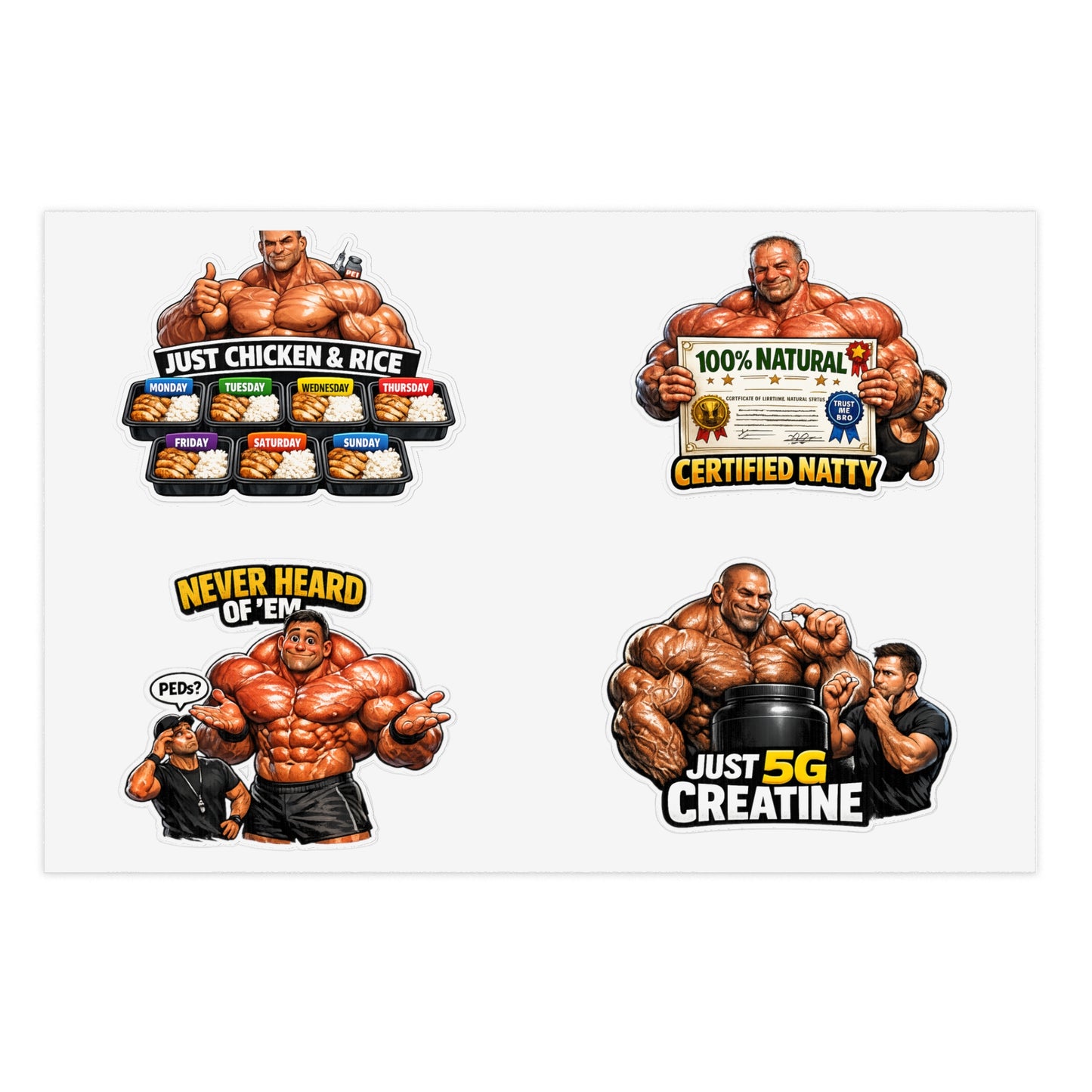 Fake Natties Sticker Sheet By Swoly Ghost— Funny Gym Muscle Memes ('Just Chicken & Rice', 'Certified Natty', 'Just 5G Creatine')