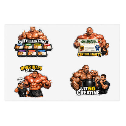 Fake Natties Sticker Sheet By Swoly Ghost— Funny Gym Muscle Memes ('Just Chicken & Rice', 'Certified Natty', 'Just 5G Creatine')