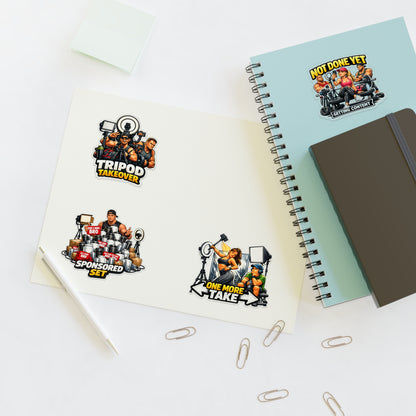 Influencer Energy Sticker Sheet #1 — 'Tripod Takeover', 'Not Done Yet', 'Sponsored Set', 'One More Take'