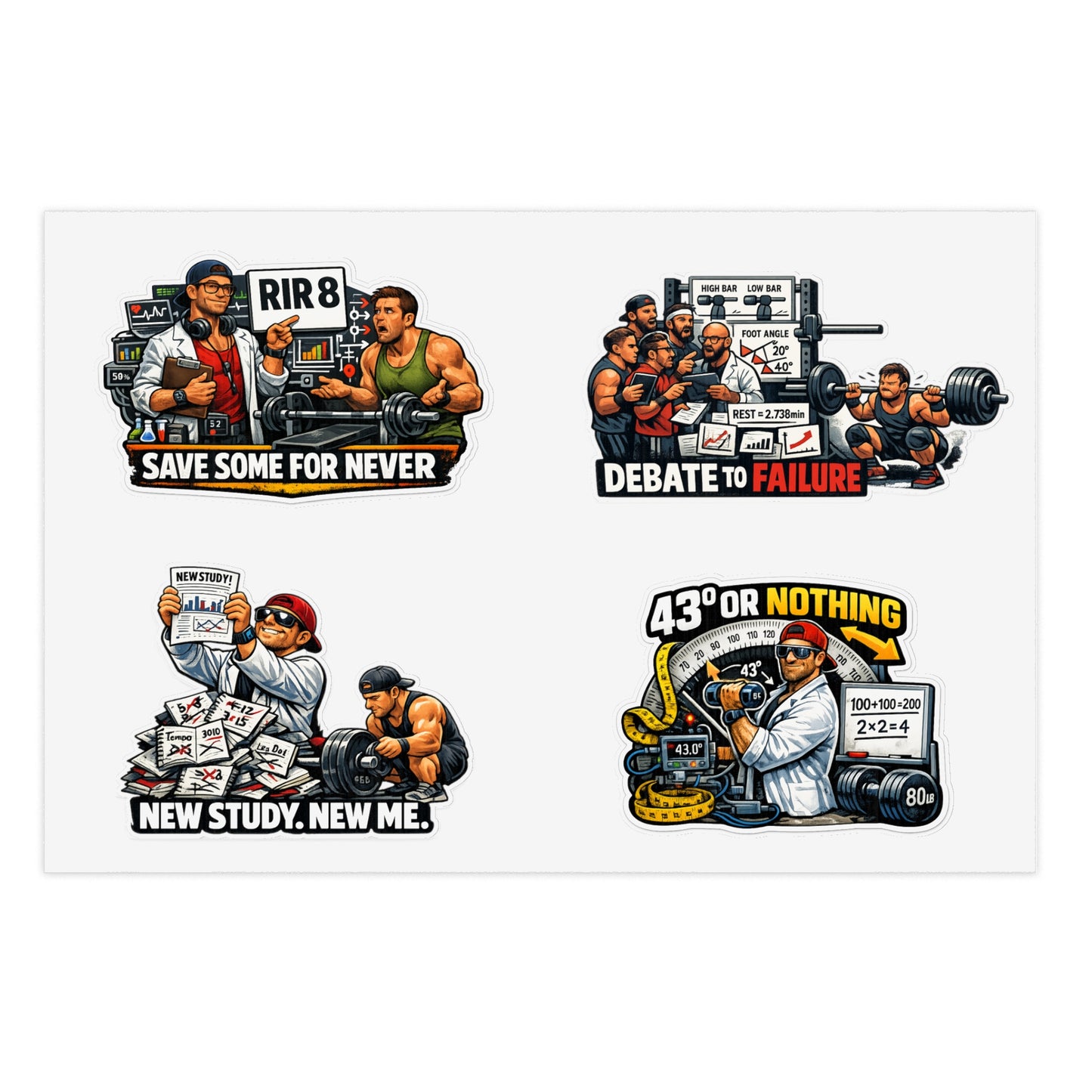 Bro Scientists Sticker Sheet #1 By Swoly Ghost  — 'Save Some For Never', 'Debate to Failure', 'New Study, New Me', '43 or Nothing'