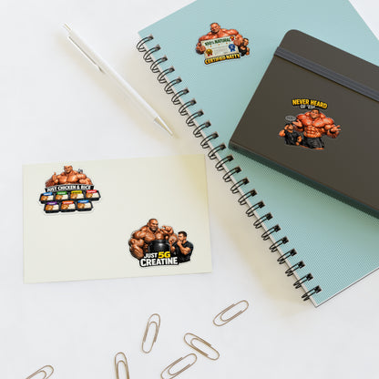 Fake Natties Sticker Sheet By Swoly Ghost— Funny Gym Muscle Memes ('Just Chicken & Rice', 'Certified Natty', 'Just 5G Creatine')