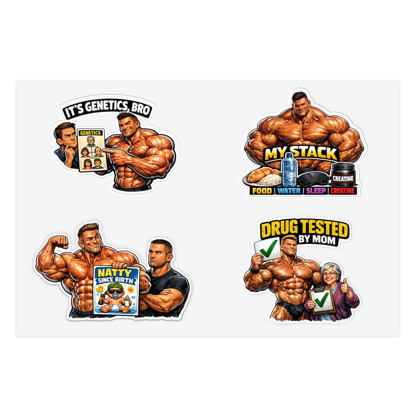 Fake Natties Sticker Sheet #2 By Swoly Ghost — 'It's Genetics, Bro' & 'Drug Tested by Mom' Gym Decals