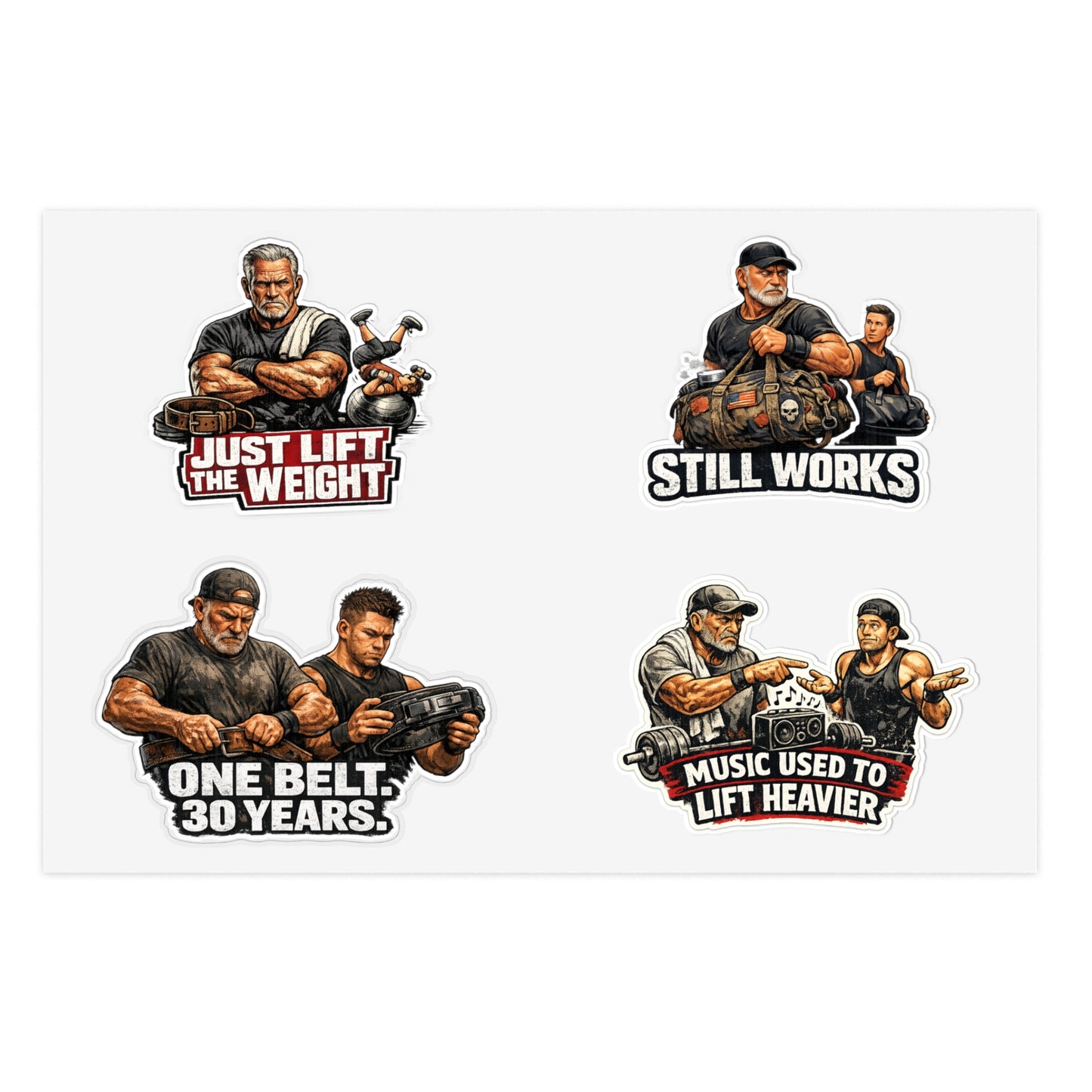 Gym Veterans Sticker Sheet #2 By Swoly Ghost — "Just Lift the Weight", "Still Works", "One Belt: 30 Years", "Music Used to Lift Heavier"