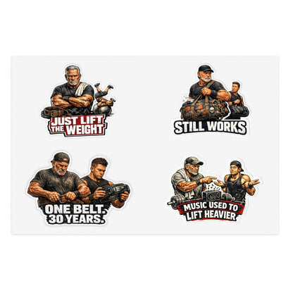 Gym Veterans Sticker Sheet #2 By Swoly Ghost — "Just Lift the Weight", "Still Works", "One Belt: 30 Years", "Music Used to Lift Heavier"