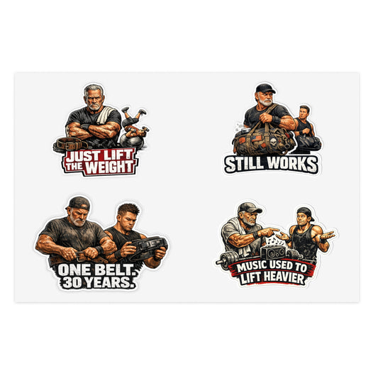 Gym Veterans Sticker Sheet #2 By Swoly Ghost — "Just Lift the Weight", "Still Works", "One Belt: 30 Years", "Music Used to Lift Heavier"