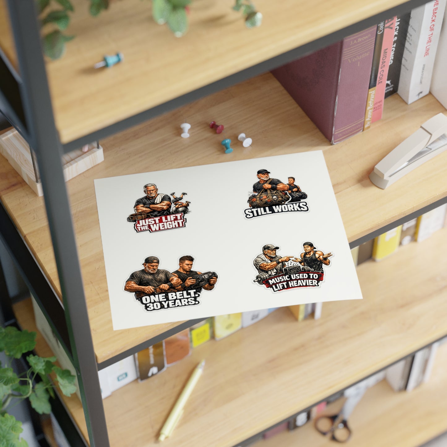 Gym Veterans Sticker Sheet #2 By Swoly Ghost — "Just Lift the Weight", "Still Works", "One Belt: 30 Years", "Music Used to Lift Heavier"