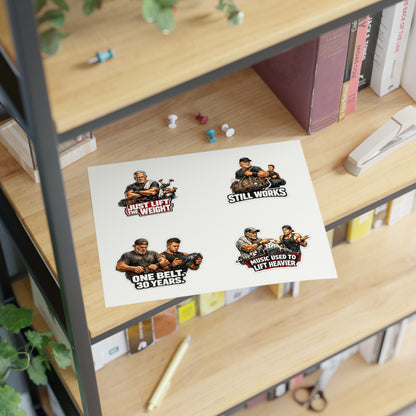 Gym Veterans Sticker Sheet #2 By Swoly Ghost — "Just Lift the Weight", "Still Works", "One Belt: 30 Years", "Music Used to Lift Heavier"