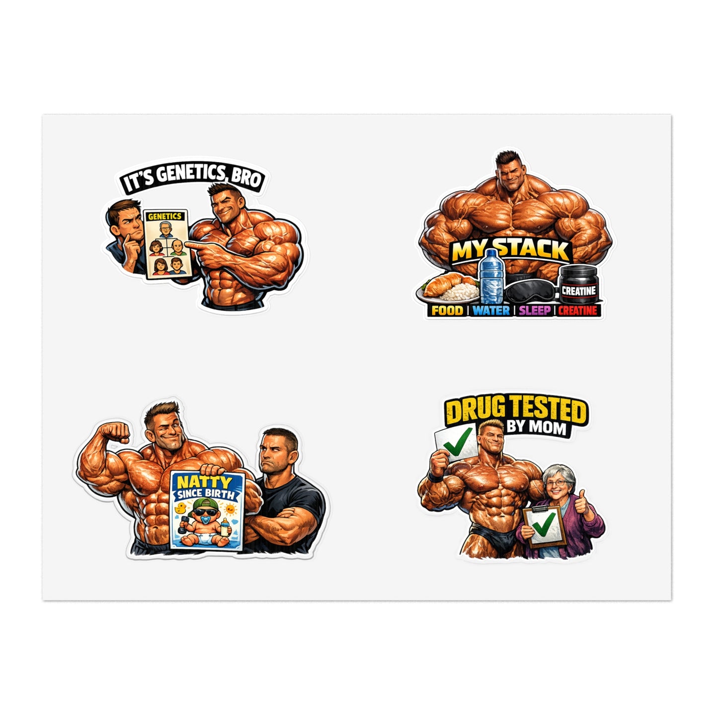 Fake Natties Sticker Sheet #2 By Swoly Ghost — 'It's Genetics, Bro' & 'Drug Tested by Mom' Gym Decals