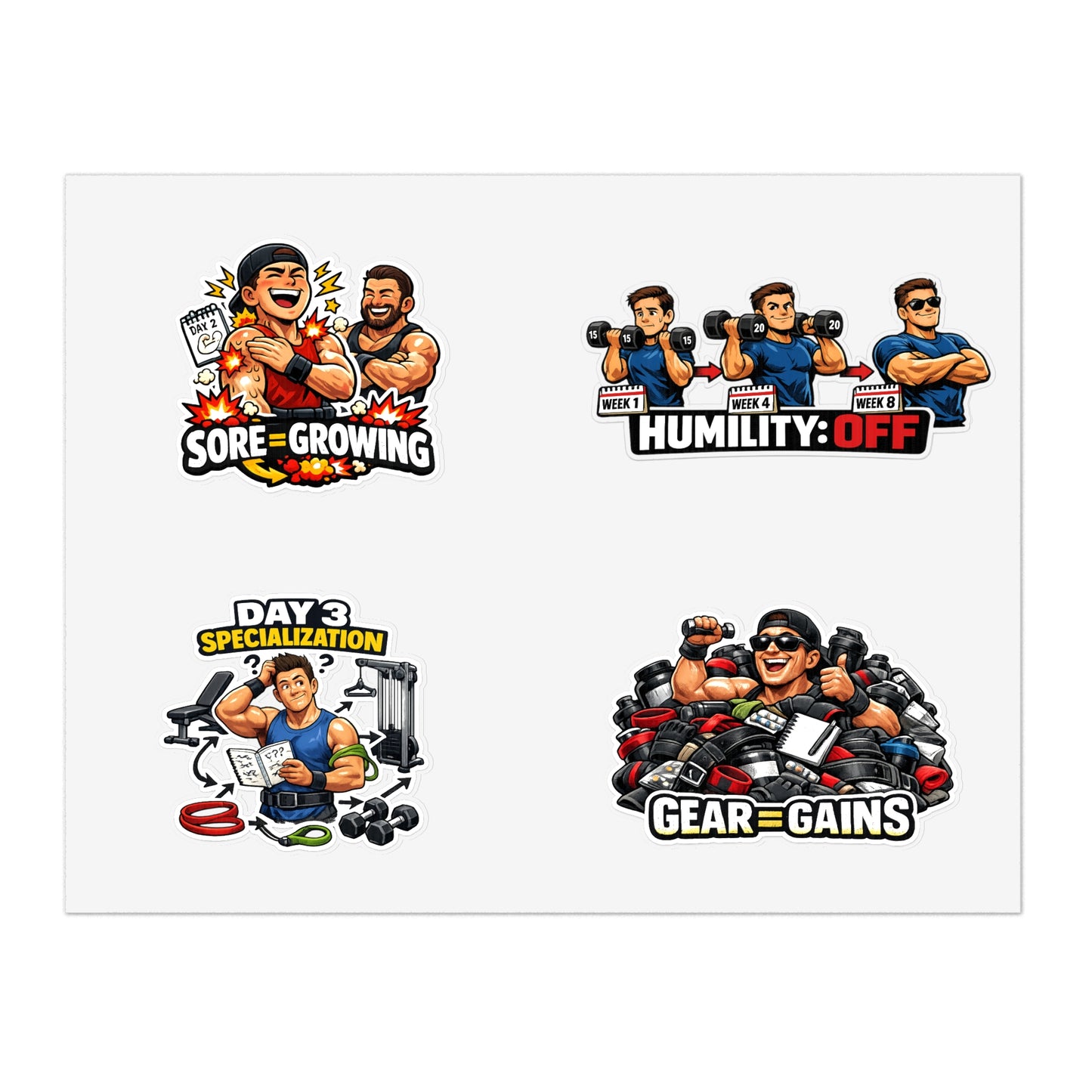 Beginner Gains & Newbie Energy Sticker Sheet #1 By Swoly Ghost — 'Sore = Growing', 'Humility: OFF', 'Day 3 Specialization', 'Gear = Gains'