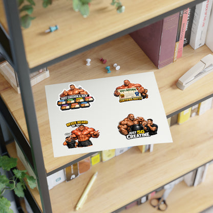 Fake Natties Sticker Sheet By Swoly Ghost— Funny Gym Muscle Memes ('Just Chicken & Rice', 'Certified Natty', 'Just 5G Creatine')