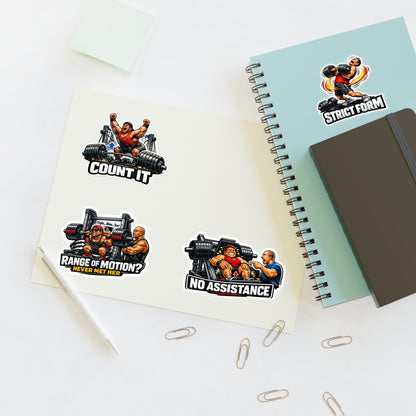 Ego Lifters Sticker Sheet #1 By Swoly Ghost — 'Count It', 'Strict Form', 'Range of Motion? Never Met Her', 'No Assistance'